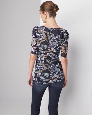 Elbow Sleeve Printed Mesh Ruched Tee click to view larger image.