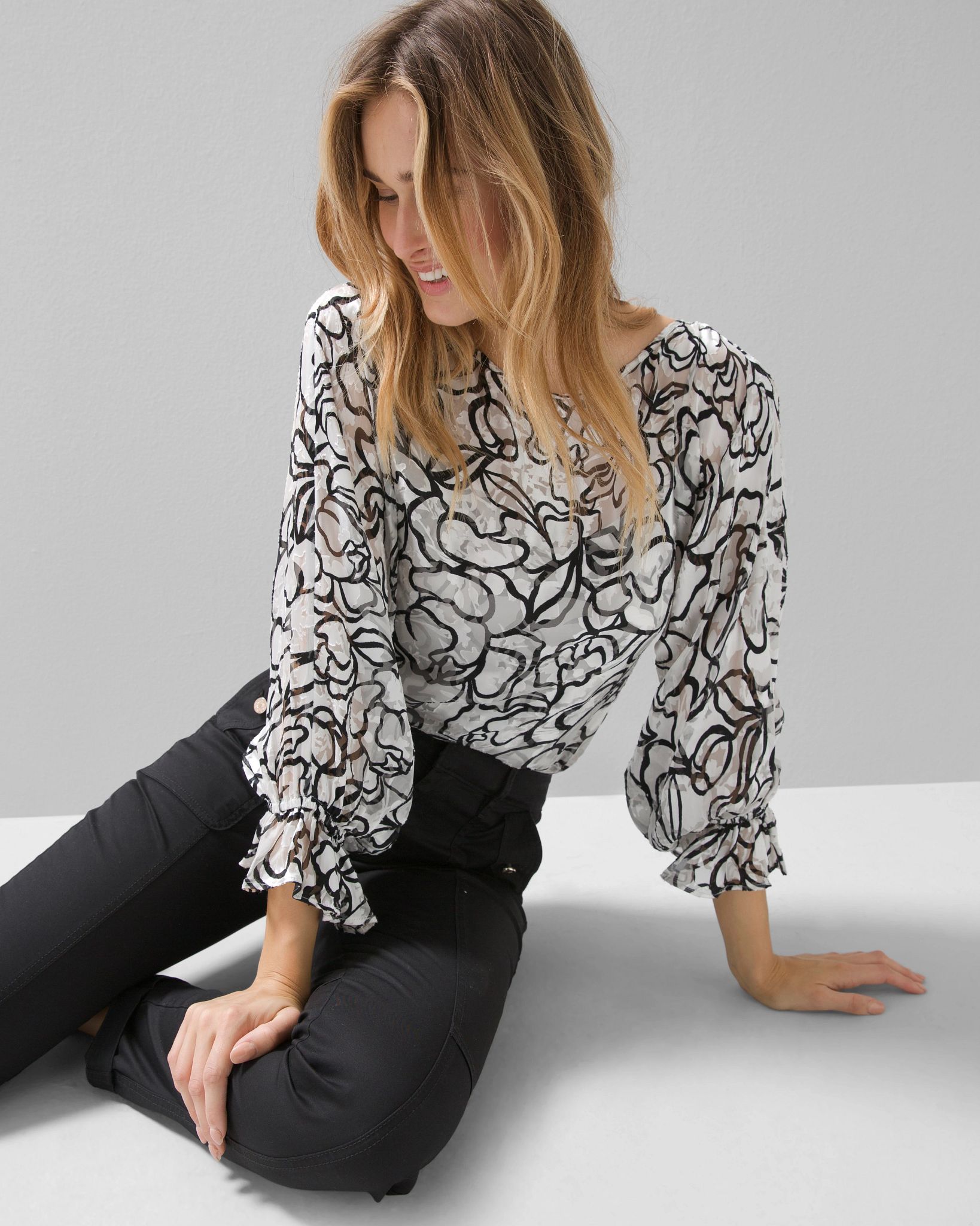 Long-Sleeve Silk Boat Neck Burnout Blouse