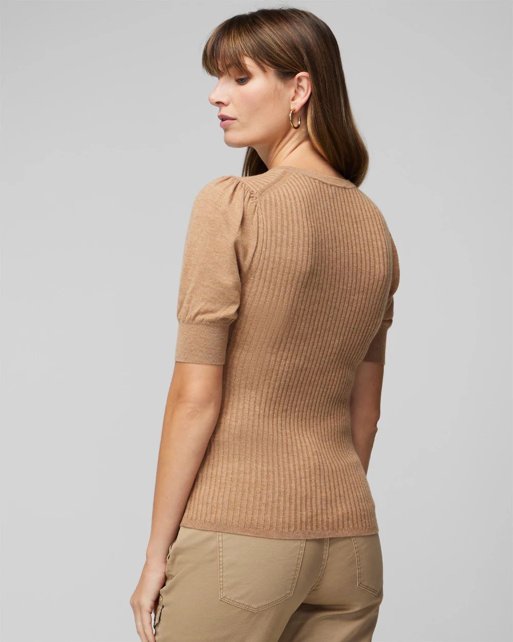 Elbow Sleeve Cashmere Blend Puff Henley Sweater click to view larger image.