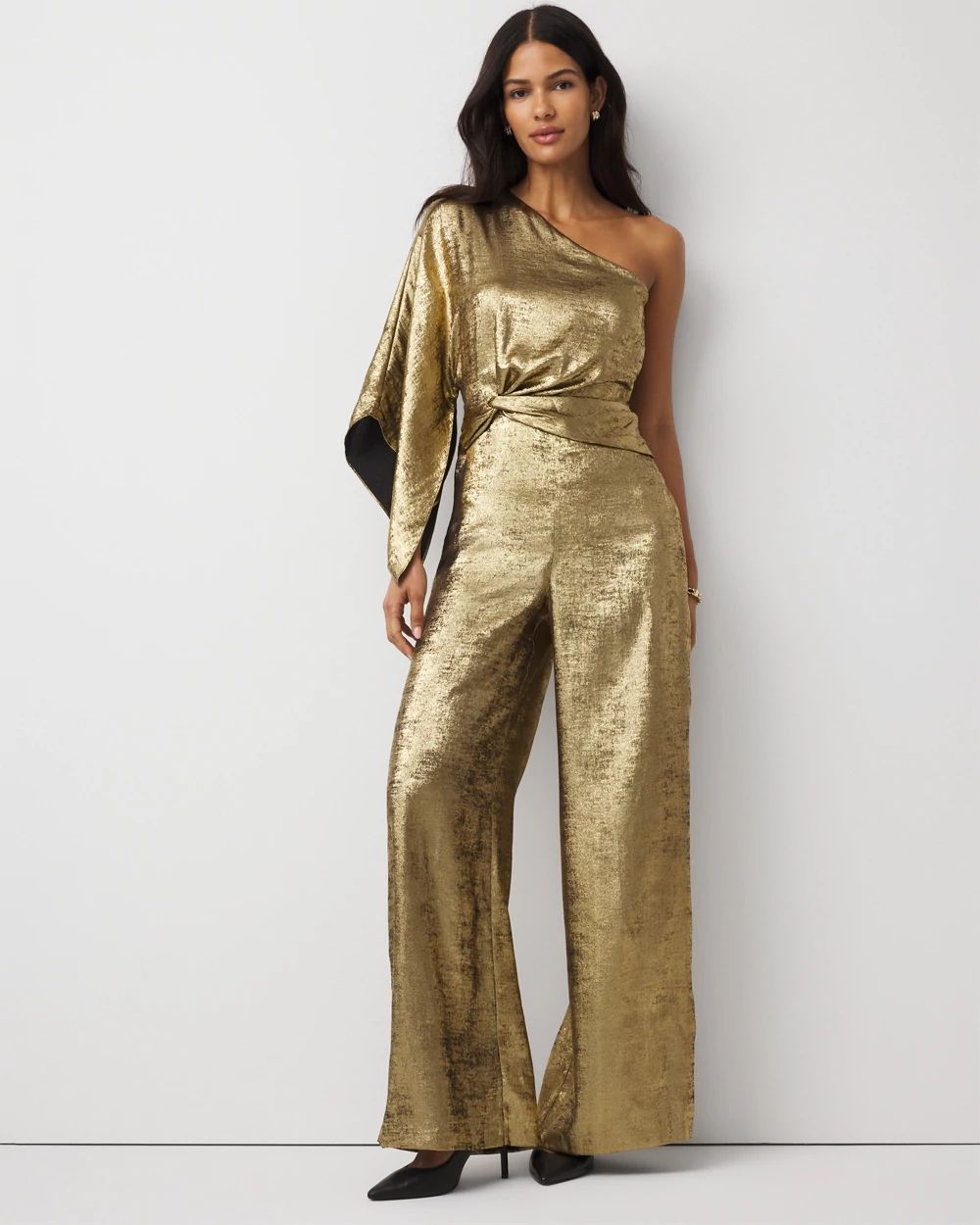 One-Shoulder Metallic Chiffon Jumpsuit