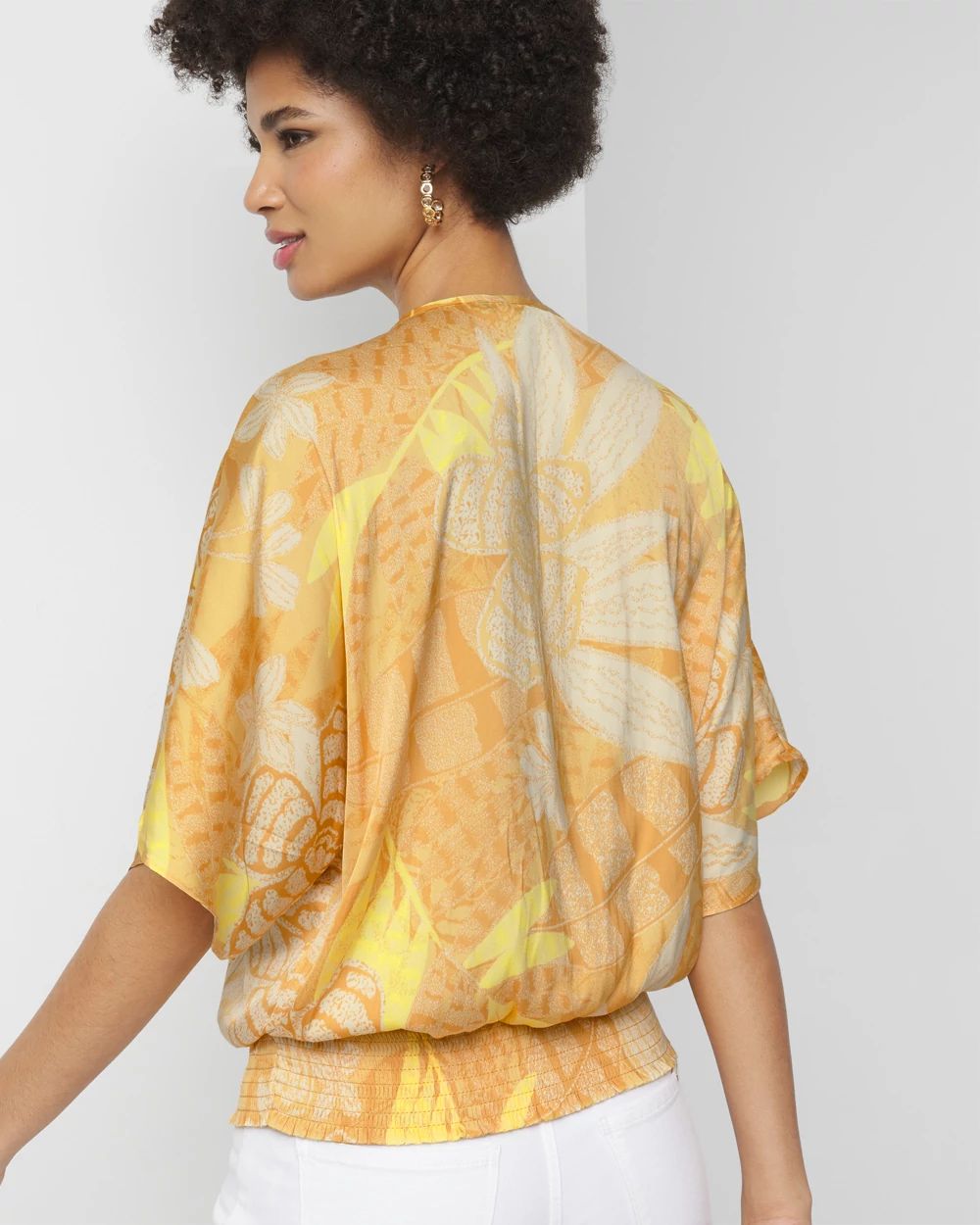 Elbow-Sleeve Smocked Bottom Kimono