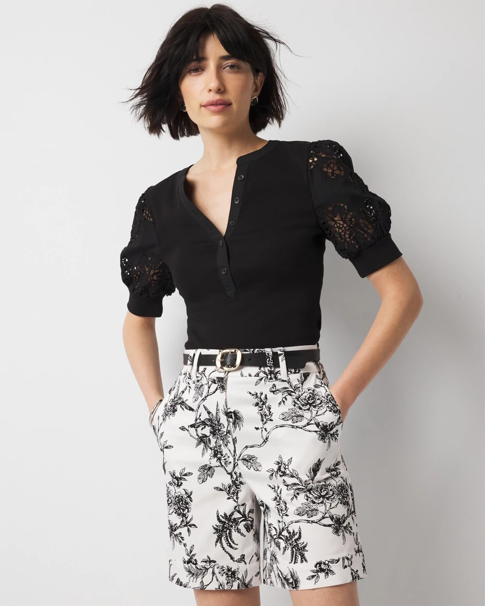 Eyelet Puff Sleeve Henley Top