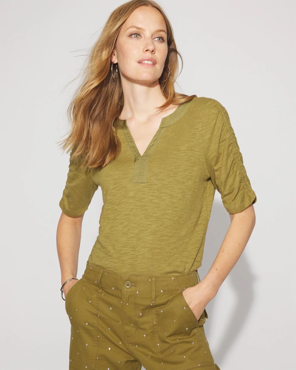 Ruched Sleeve Cotton + Modal Slub Tee
