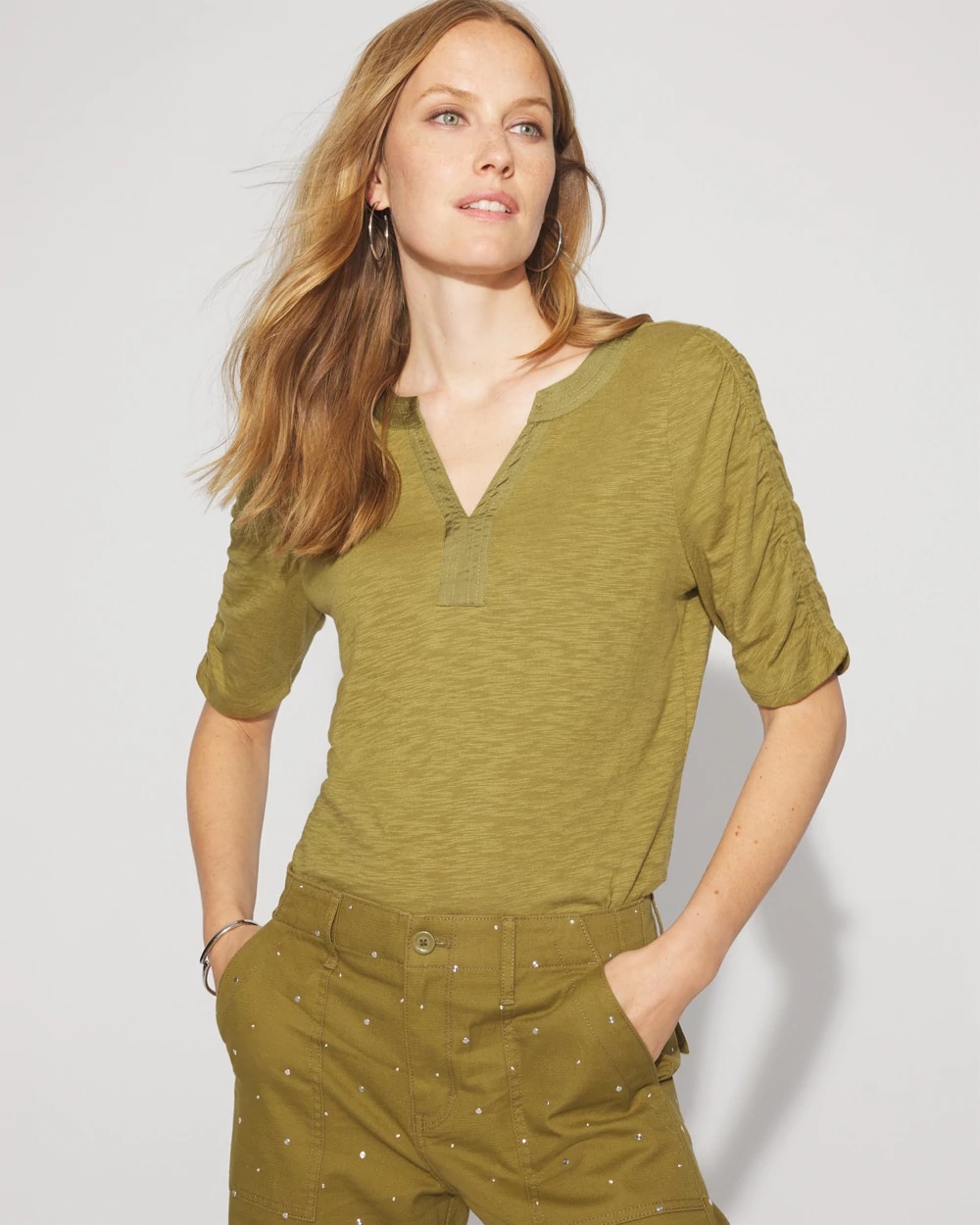 Ruched Sleeve Cotton + Modal Slub Tee