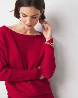 Off-The-Shoulder Ribbed Snit Pullover click to view larger image.