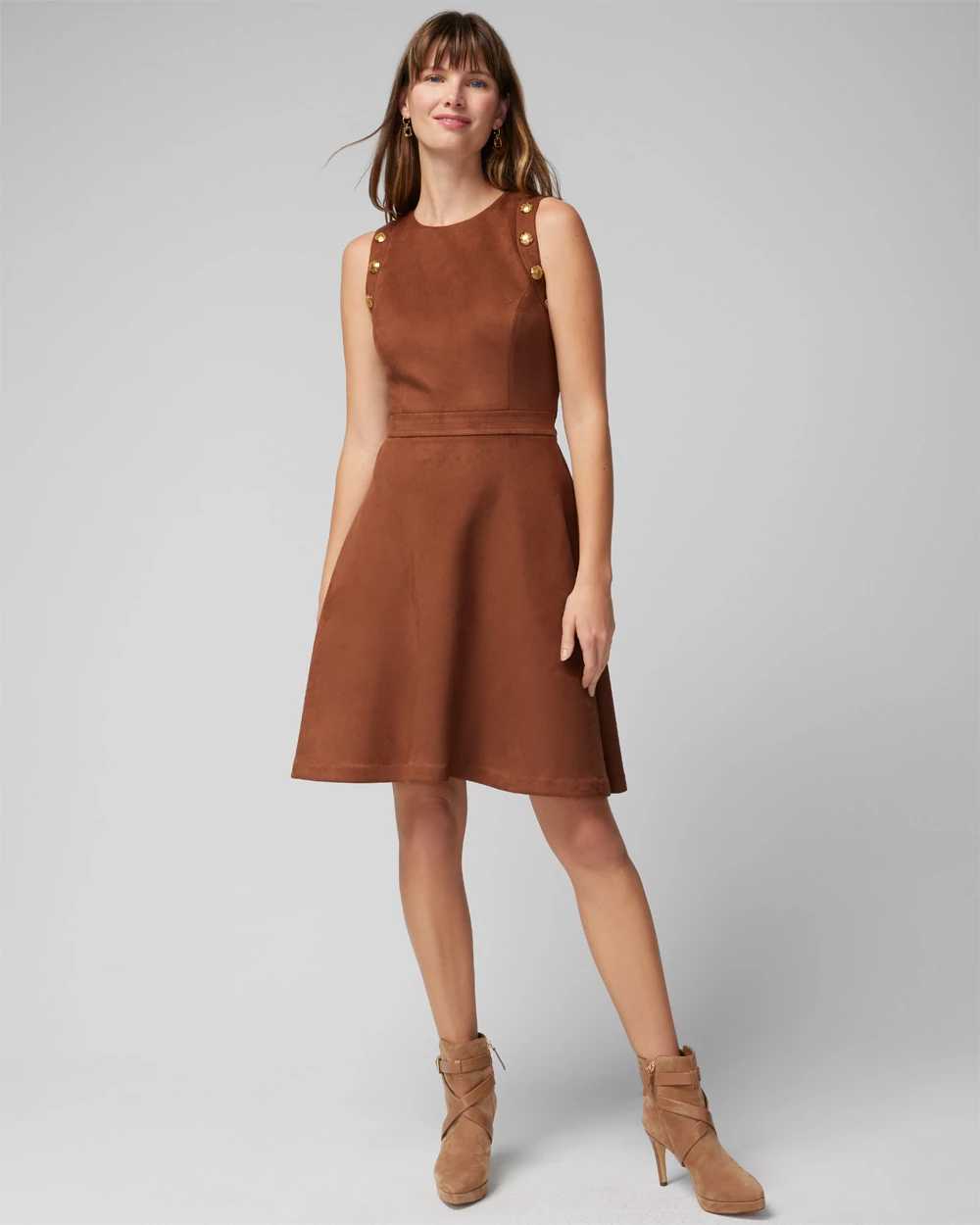 Petite Sleeveless Crest Detail Suede Fit-N-Flare Dress