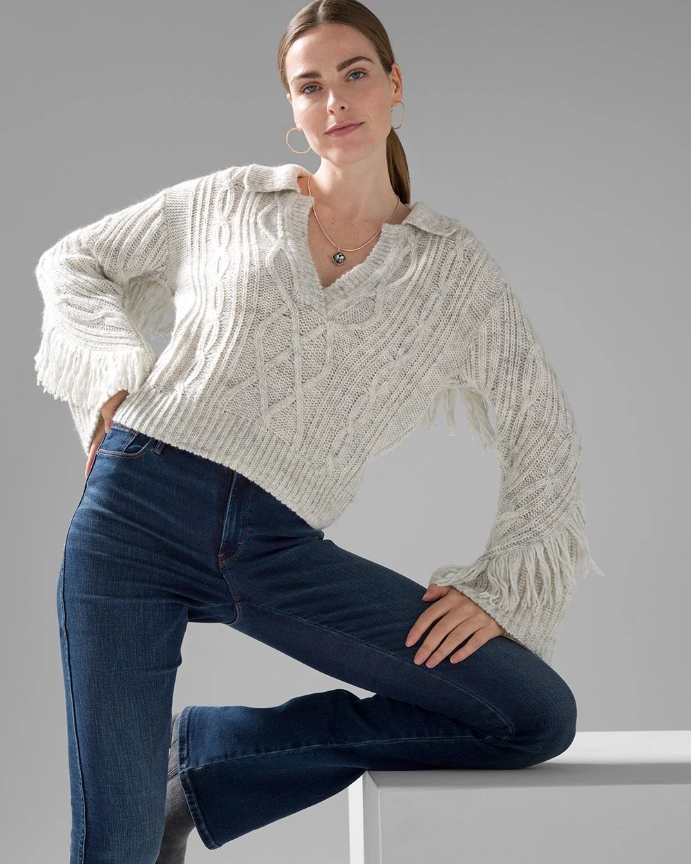 Fringe Trim Cable Knit Sweater