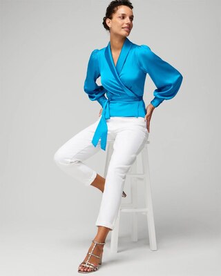 Petite Long Sleeve Wrap Satin Blouse