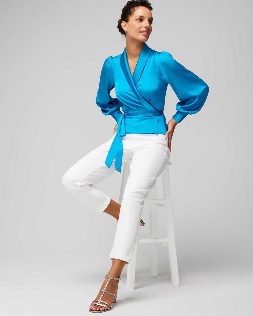 Long Sleeve Wrap Satin Blouse click to view larger image.