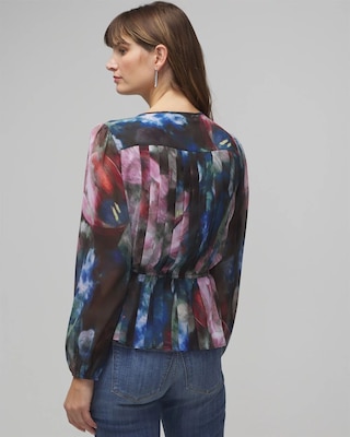 Long Sleeve V-Neck Pleated Chiffon Blouse