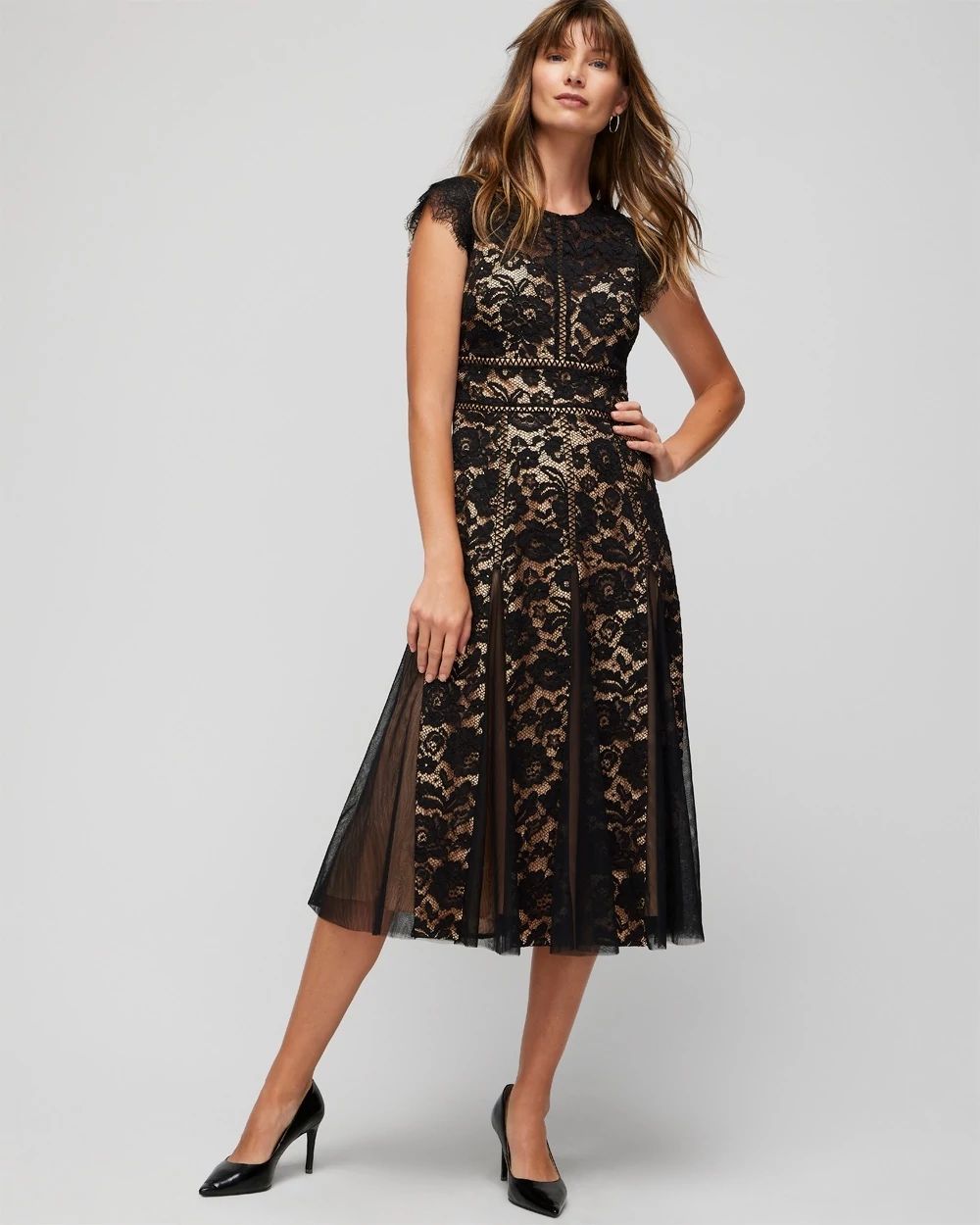 Cap Sleeve All Over Lace Godet Fit N Flare Dress