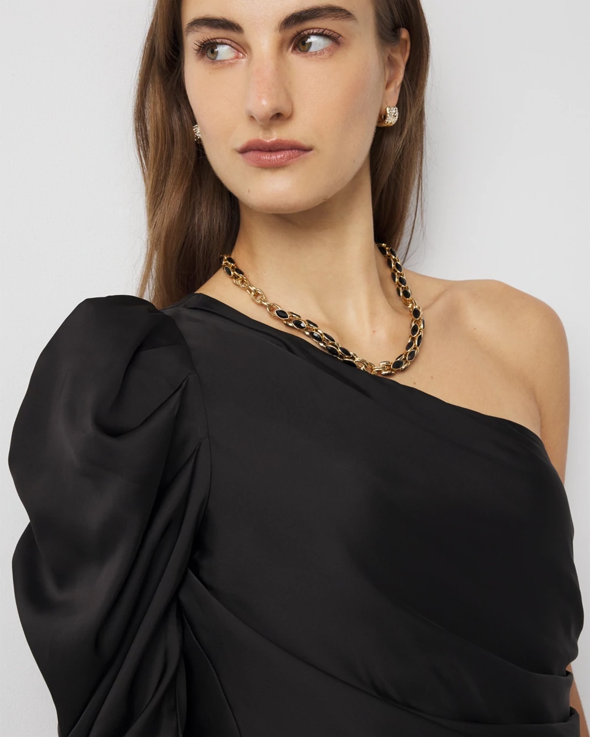 White House Black Market One-shoulder Tie-waist Satin Blouse In Black