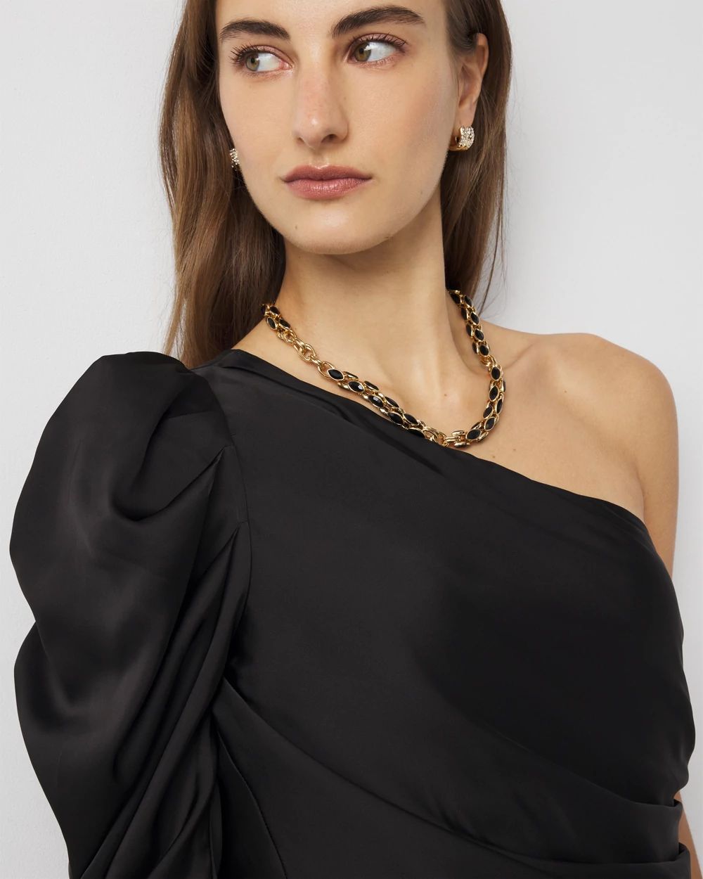 One-Shoulder Tie-Waist Satin Blouse click to view larger image.