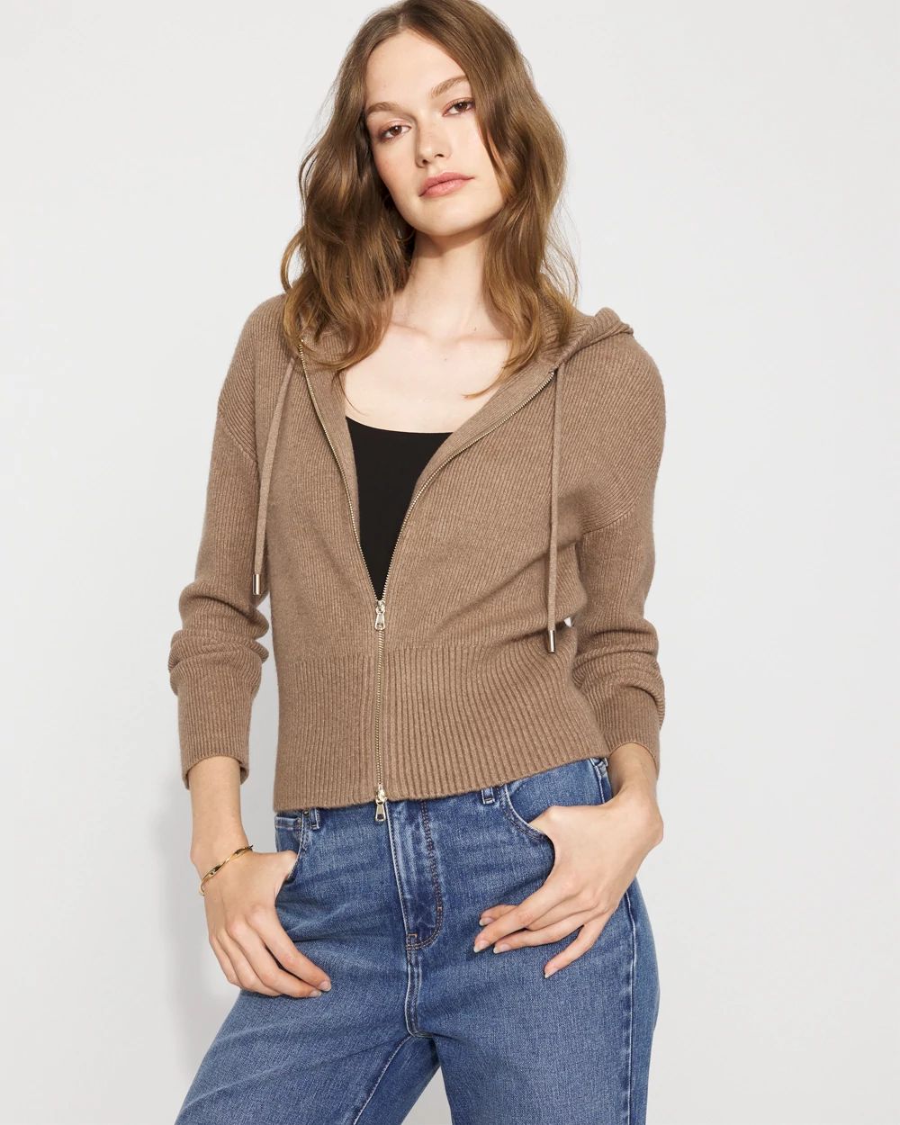 Rib Knit Zip Hooded Sweater Jacket