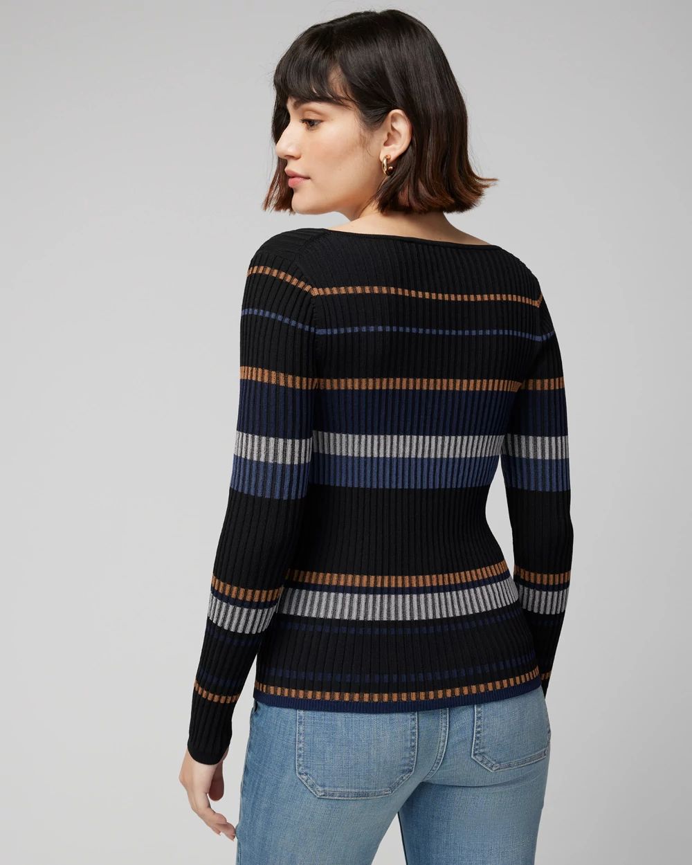 Petite Long Sleeve Stripe Keyhole Pullover Sweater