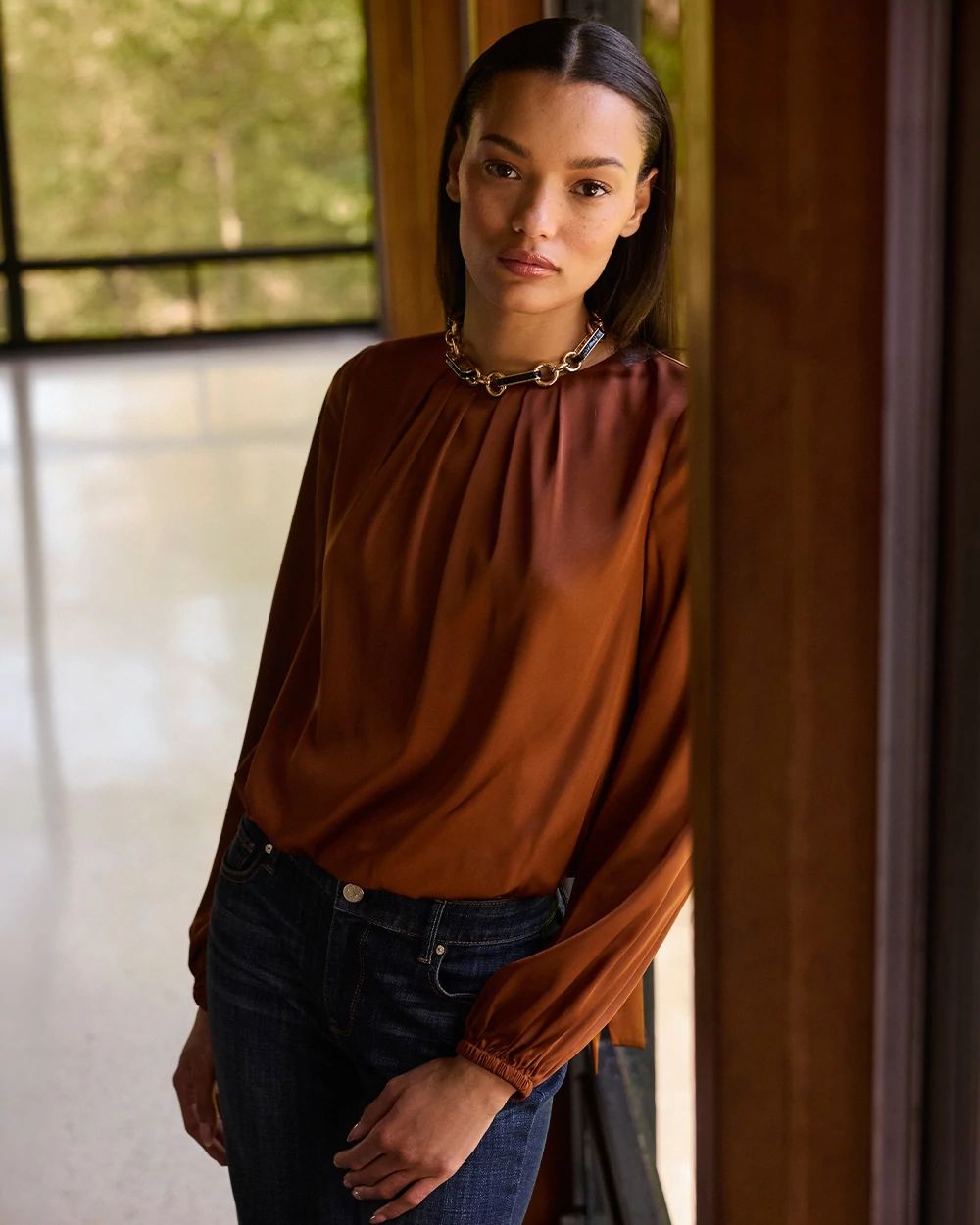 Bubble Hem Pleated Satin Blouse