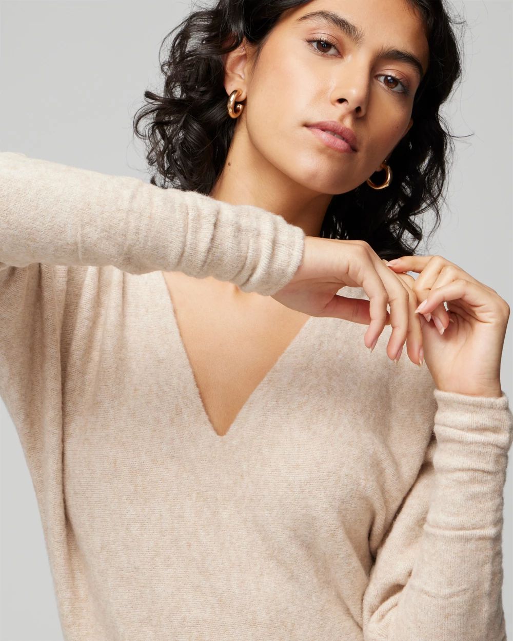 V-Neck Shirred Sleeve Tunic Pullover Sweater click to view larger image.