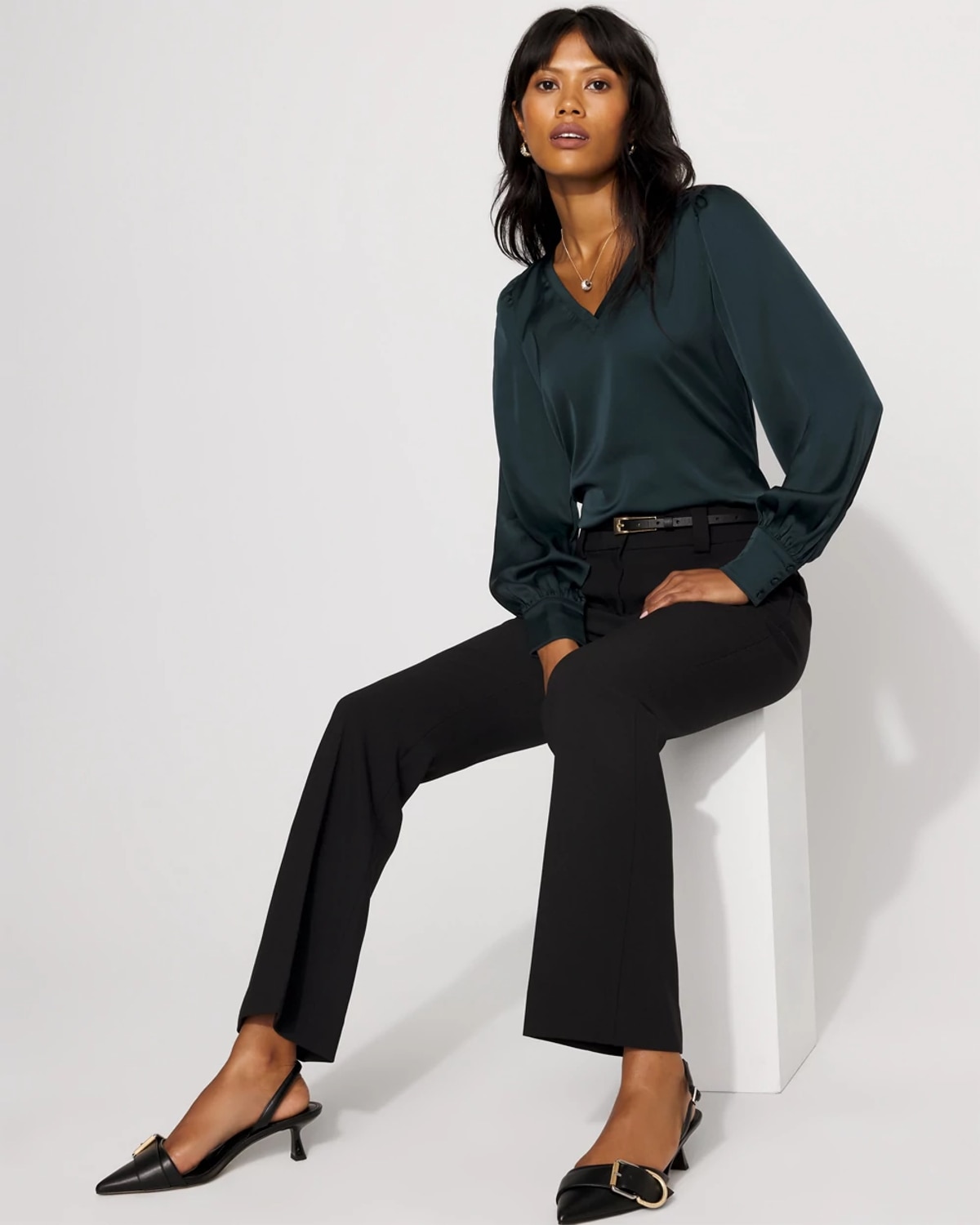 White House Black Market Knit Mix Satin Top In Green