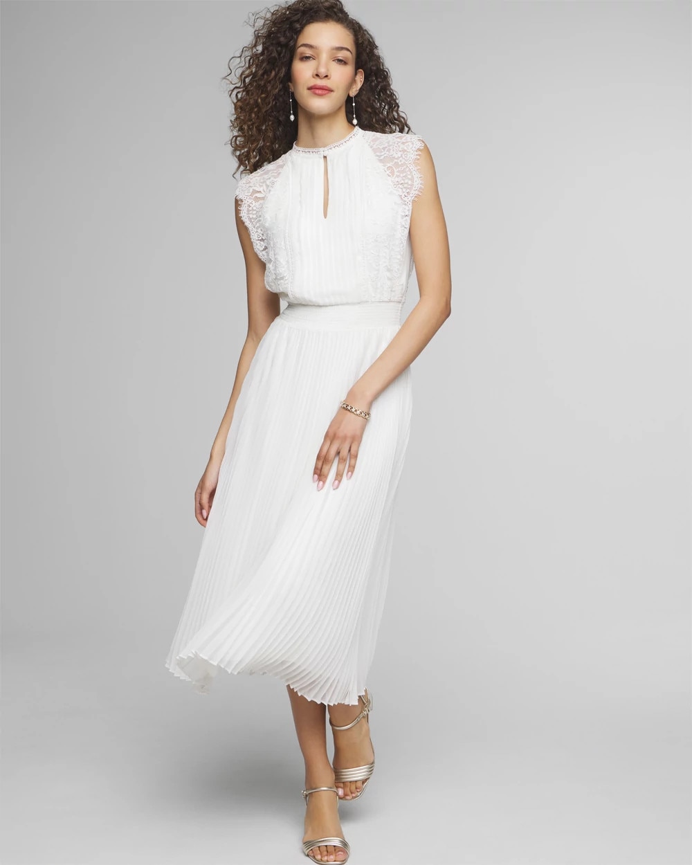 Petite Cap Sleeve Lace Detail Pleated Midi Dress | White House Black Market