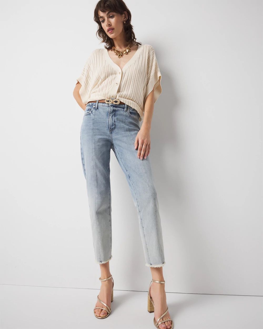 Petite High-Rise Raw Hem Pintuck Straight Jean with Slit