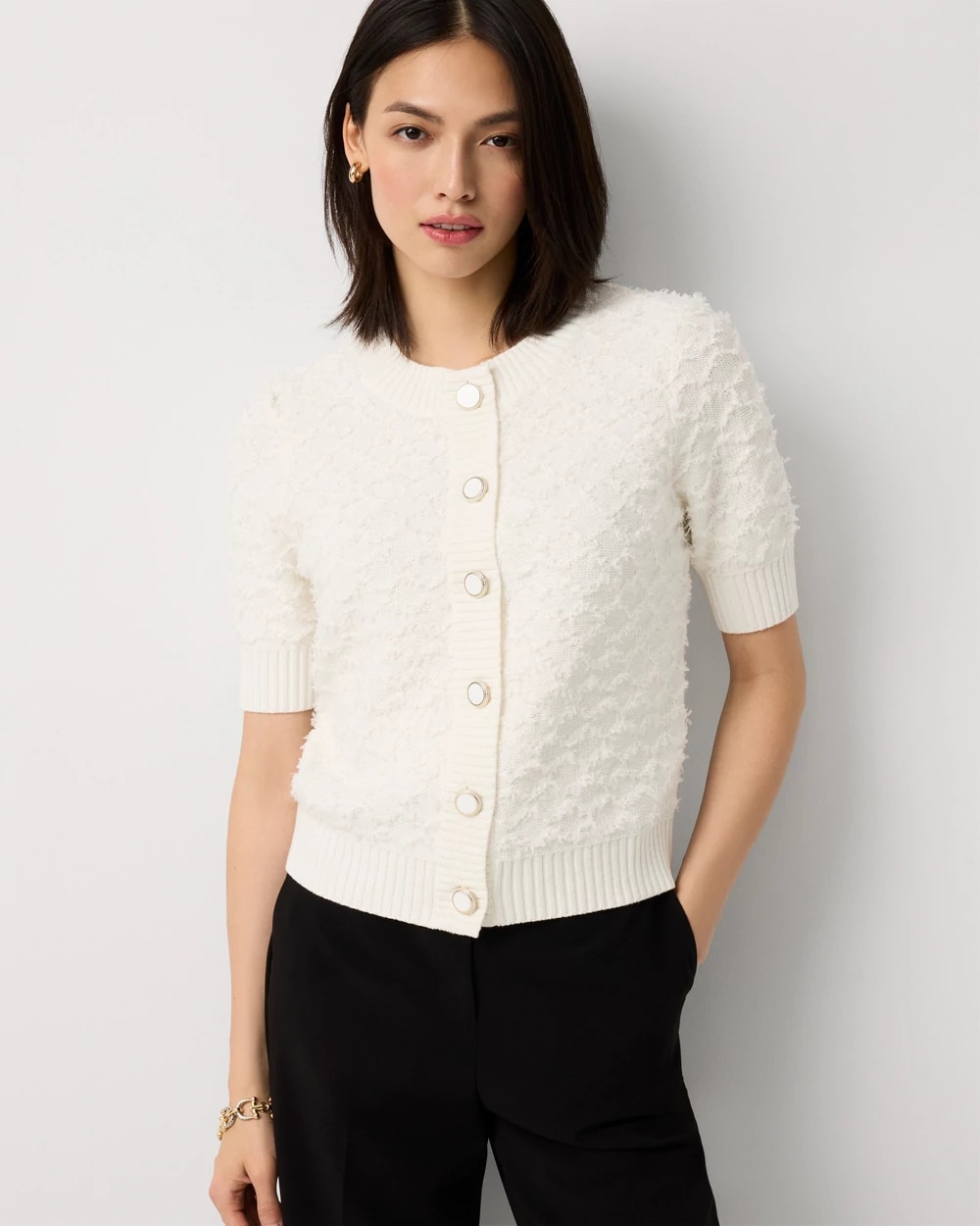 Bouclé Elbow Sleeve Cardigan