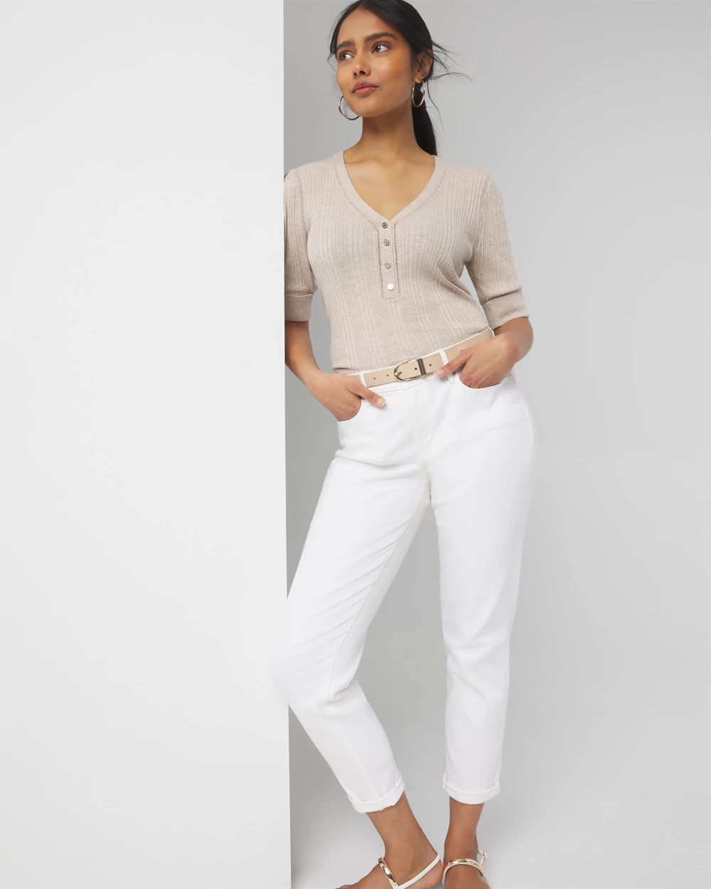 Cashmere Blend Elbow-Sleeve Henley Sweater