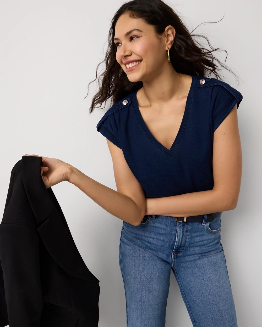 Epaulet Knit V-neck Tee