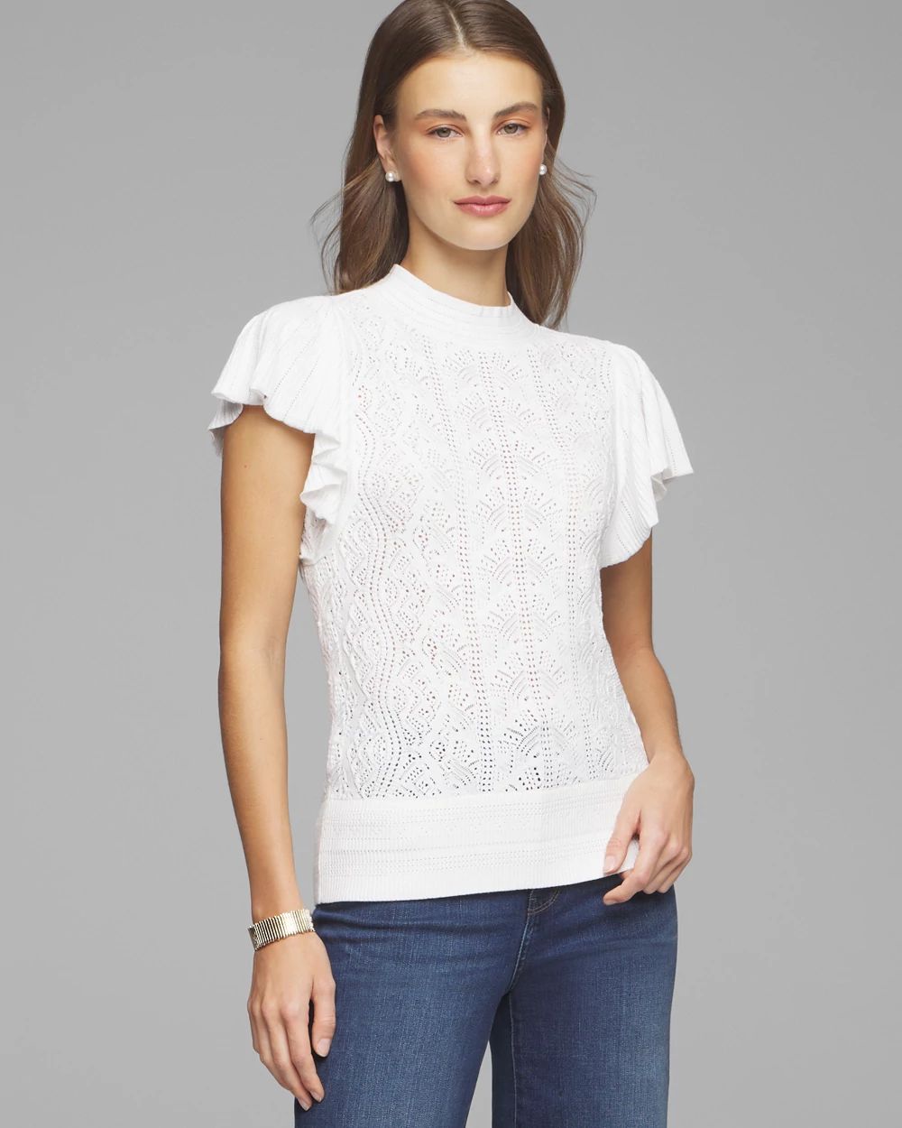 Lace Stitch Ruffle Sleeve Pullover