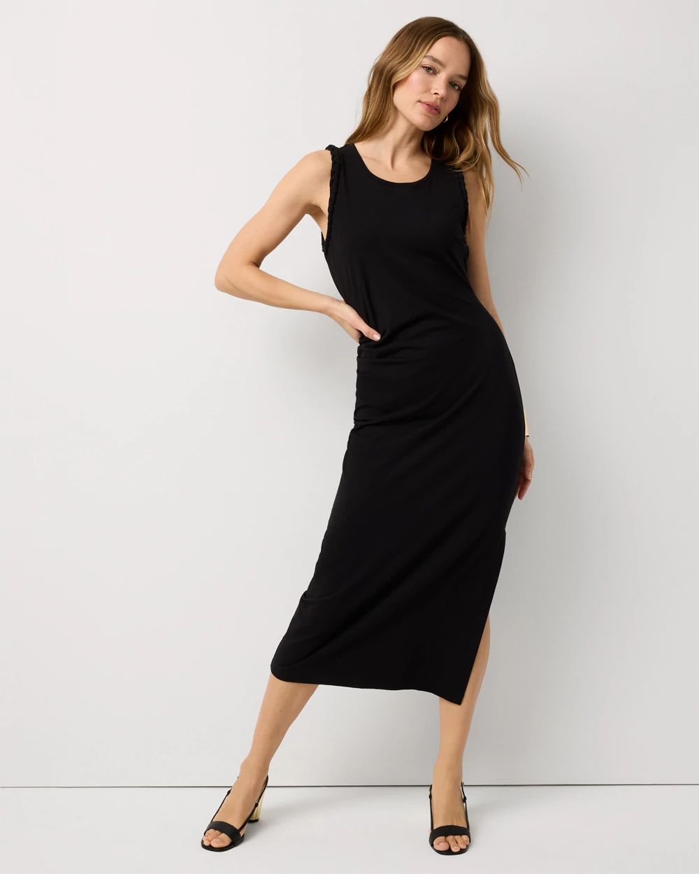 Petite Ruched Sleeveless Midi Dress