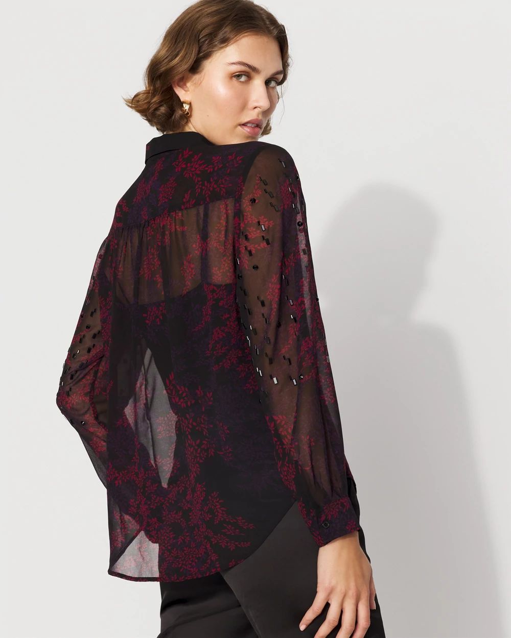 Petite Embellished Sheer Floral Shirt