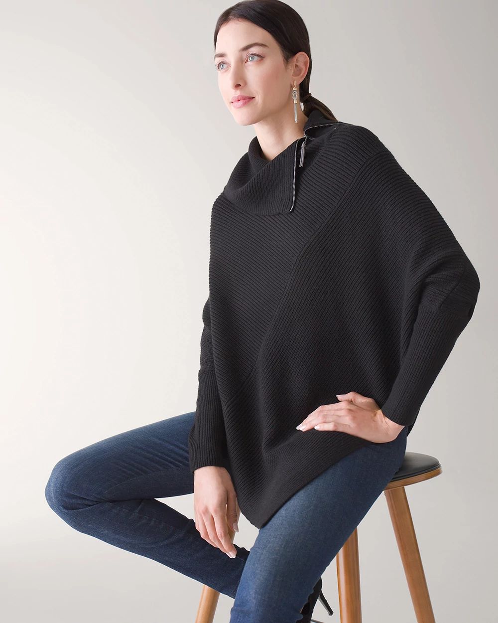 Zip Split Neck Poncho Sweater