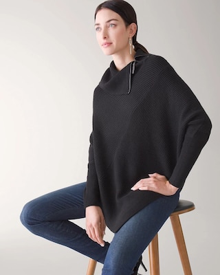 Zip Split Neck Poncho Sweater