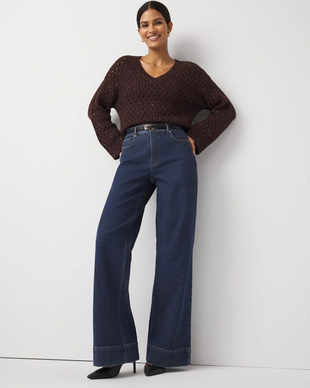 Petite V-Neck Open Stitch Sequin Sweater