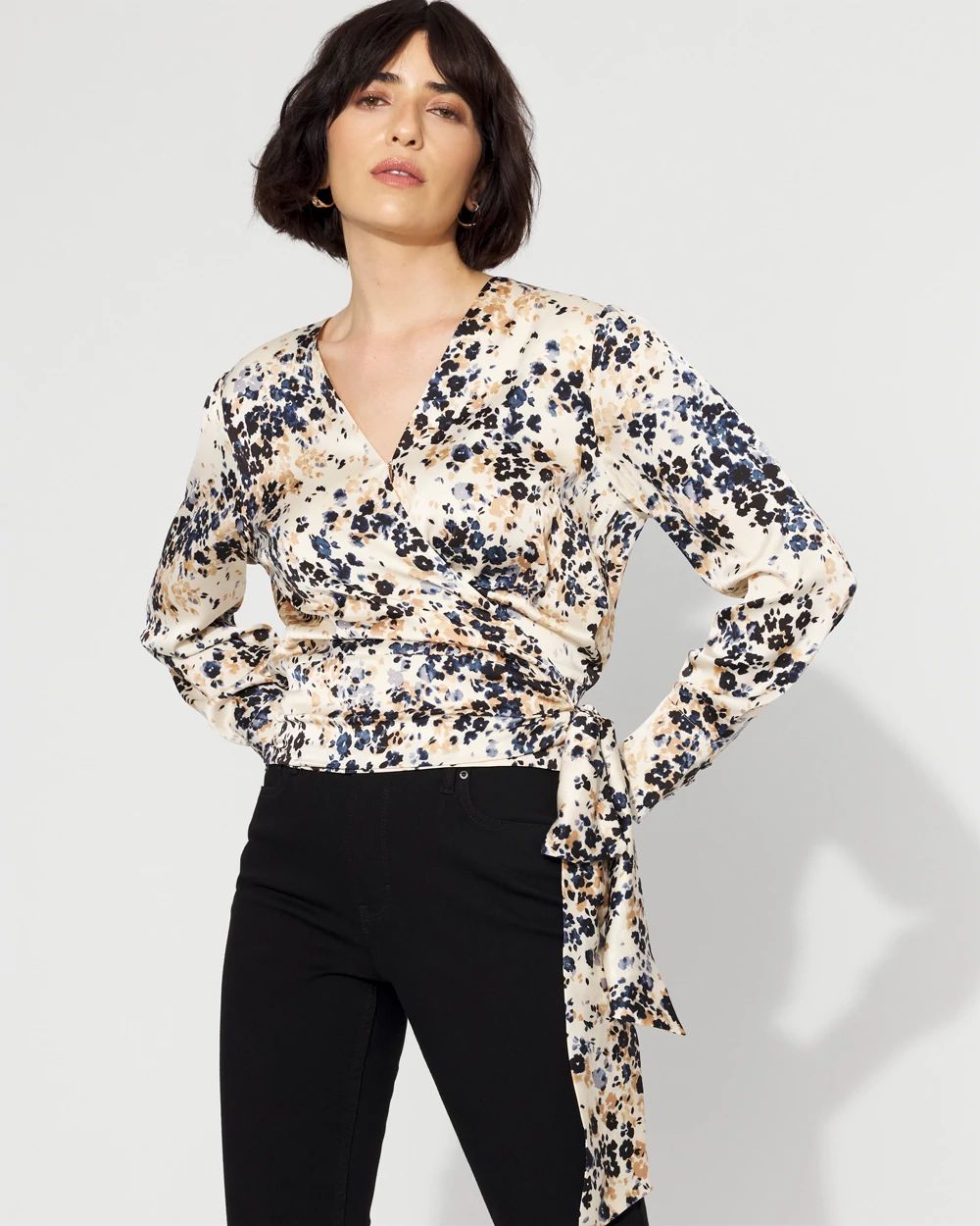 Satin Surplice Tie-Waist Blouse