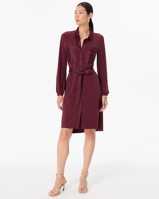 Long Sleeve Matte Jersey Shirtdress With Satin