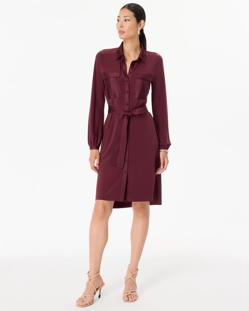 Petite Long Sleeve Matte Jersey Shirtdress With Satin