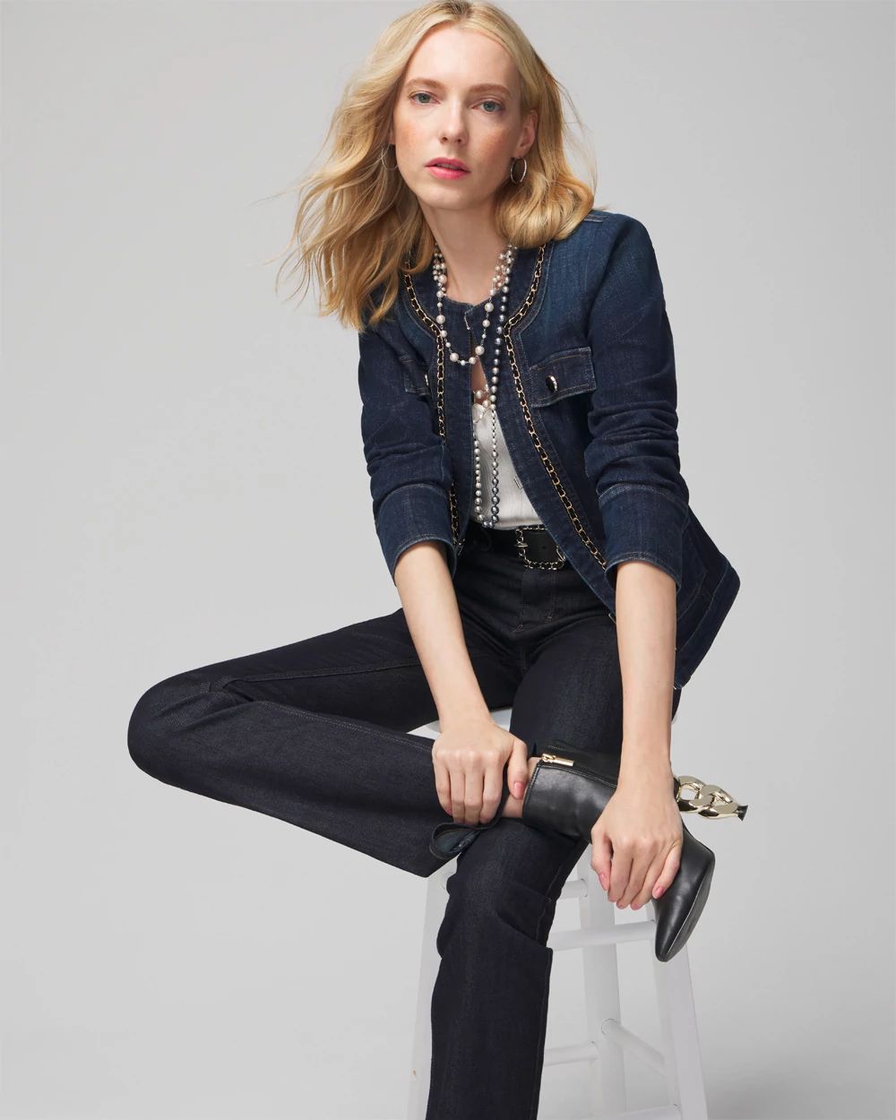 WHBM® Petite Stylist Denim Chain Jacket click to view larger image.
