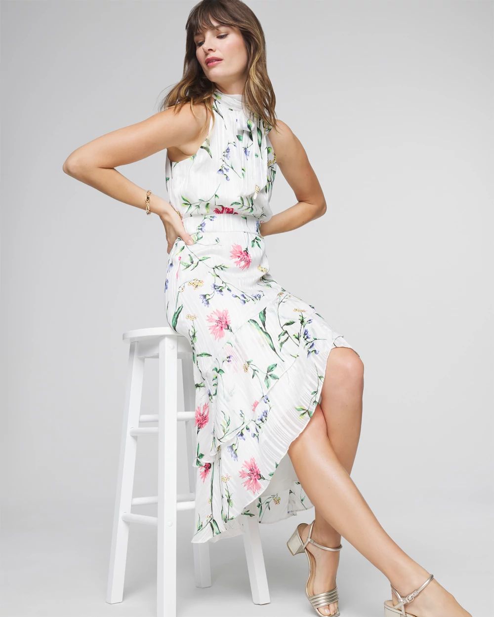 Halter Ruffle Blouson Midi Dress