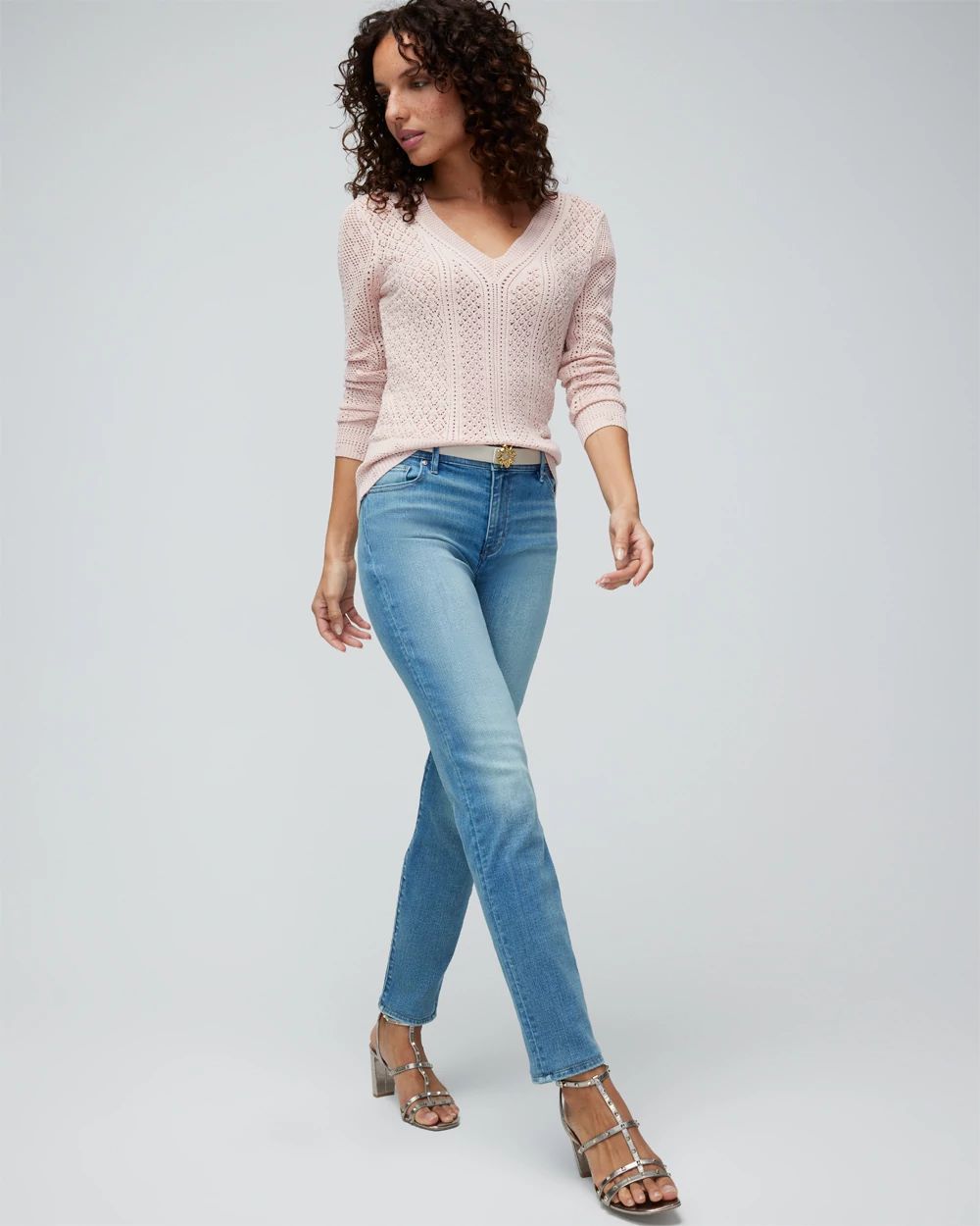 Long Sleeve Pointelle V-Neck Pullover click to view larger image.
