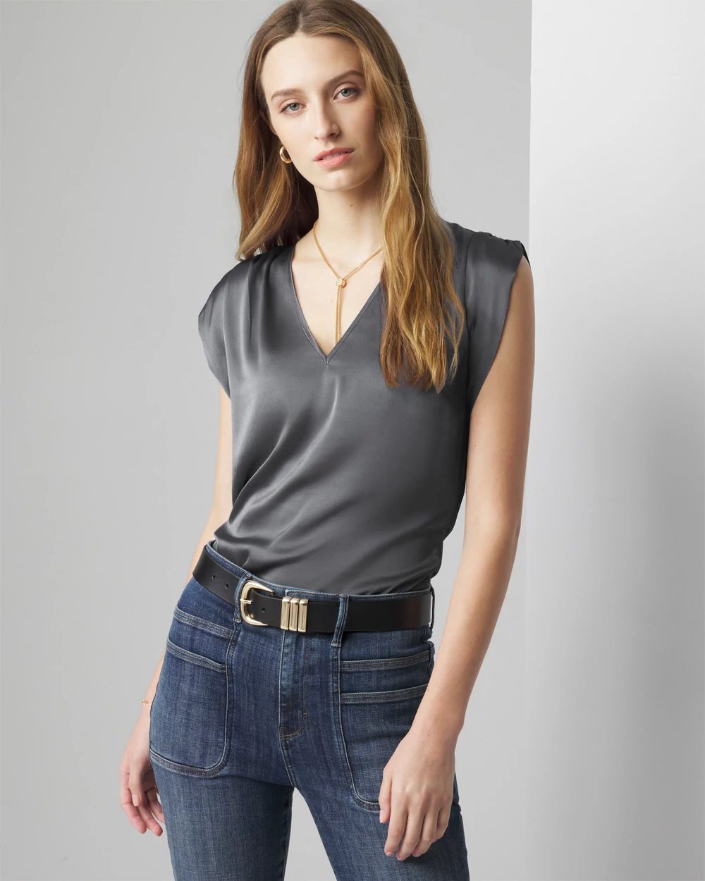 V-neck Ruched Shoulder Shell Top