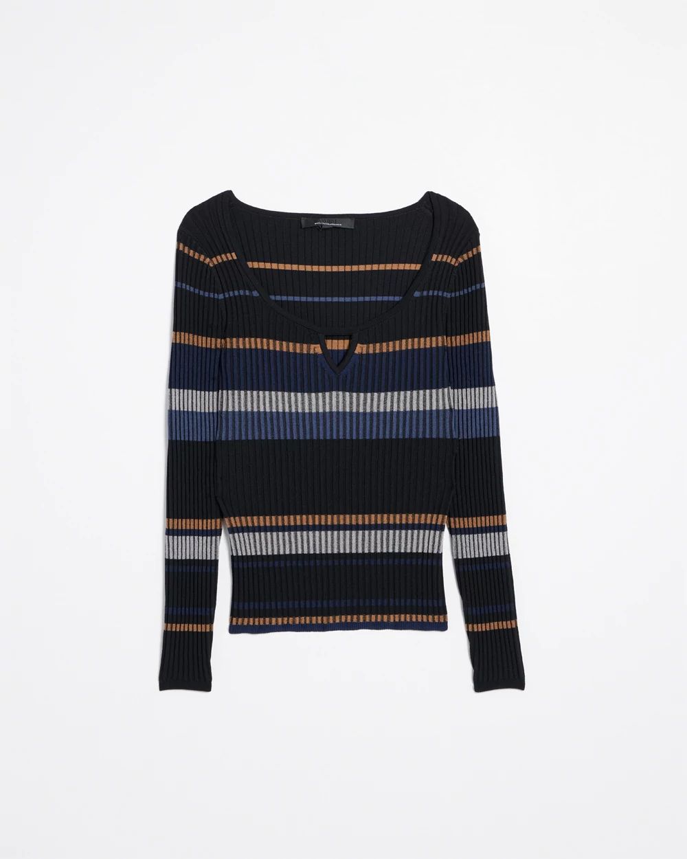 Petite Long Sleeve Stripe Keyhole Pullover Sweater