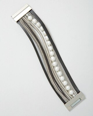 Multi-Row Glass Pearl, Leather & Chain-Link Bracelet