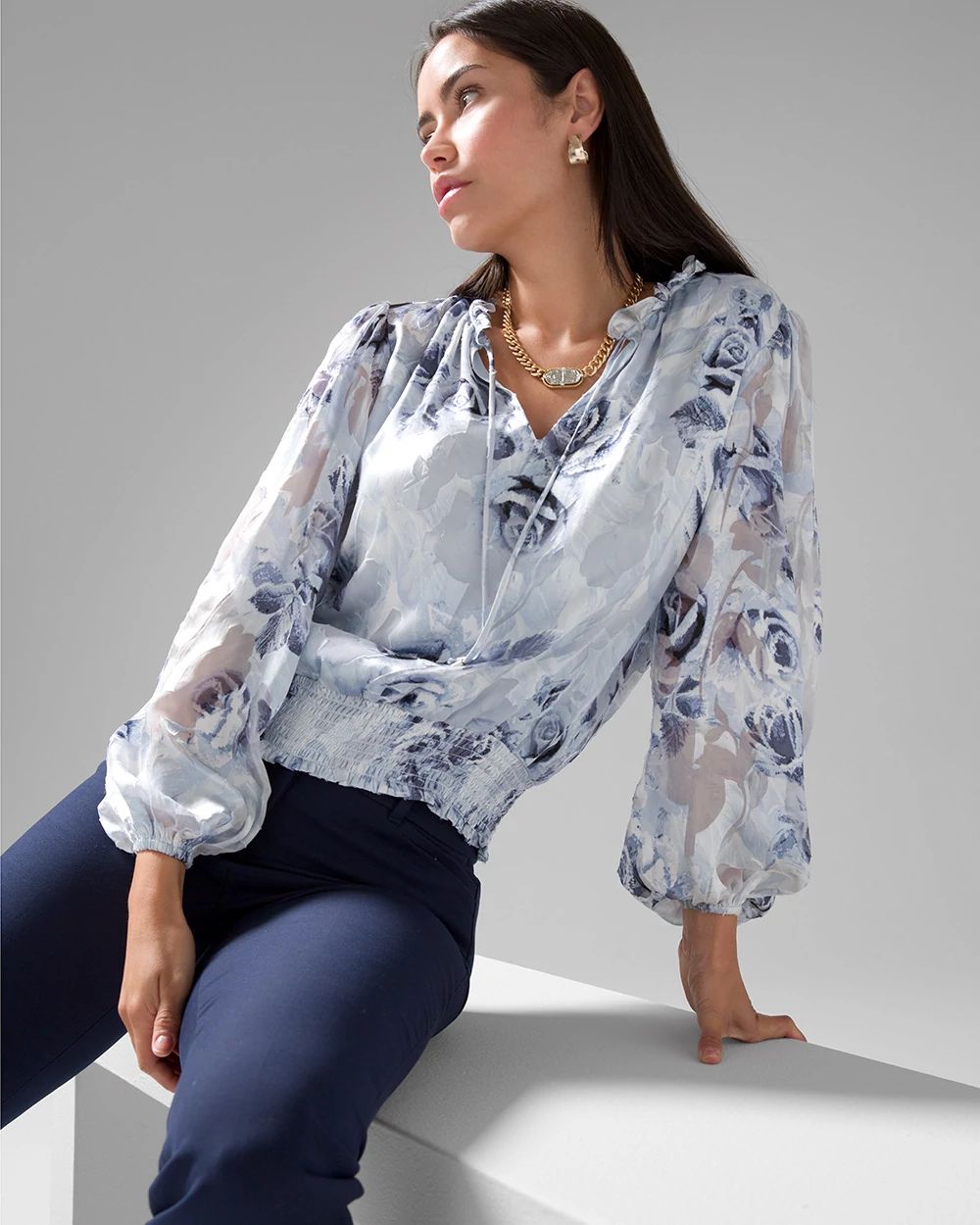 Silk Burnout Smocked Blouse click to view larger image.