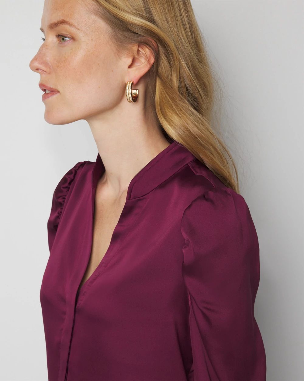 Y-Neck Ruched Shoulder Shirt click to view larger image.