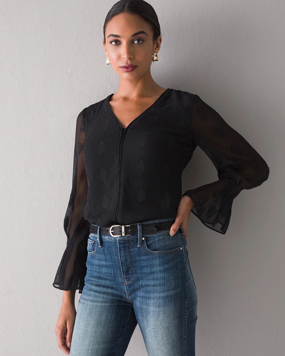 Long Sleeve V-Neck Clip Dot Blouse