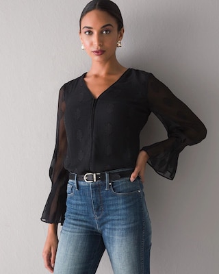 Long Sleeve V-Neck Clip Dot Blouse