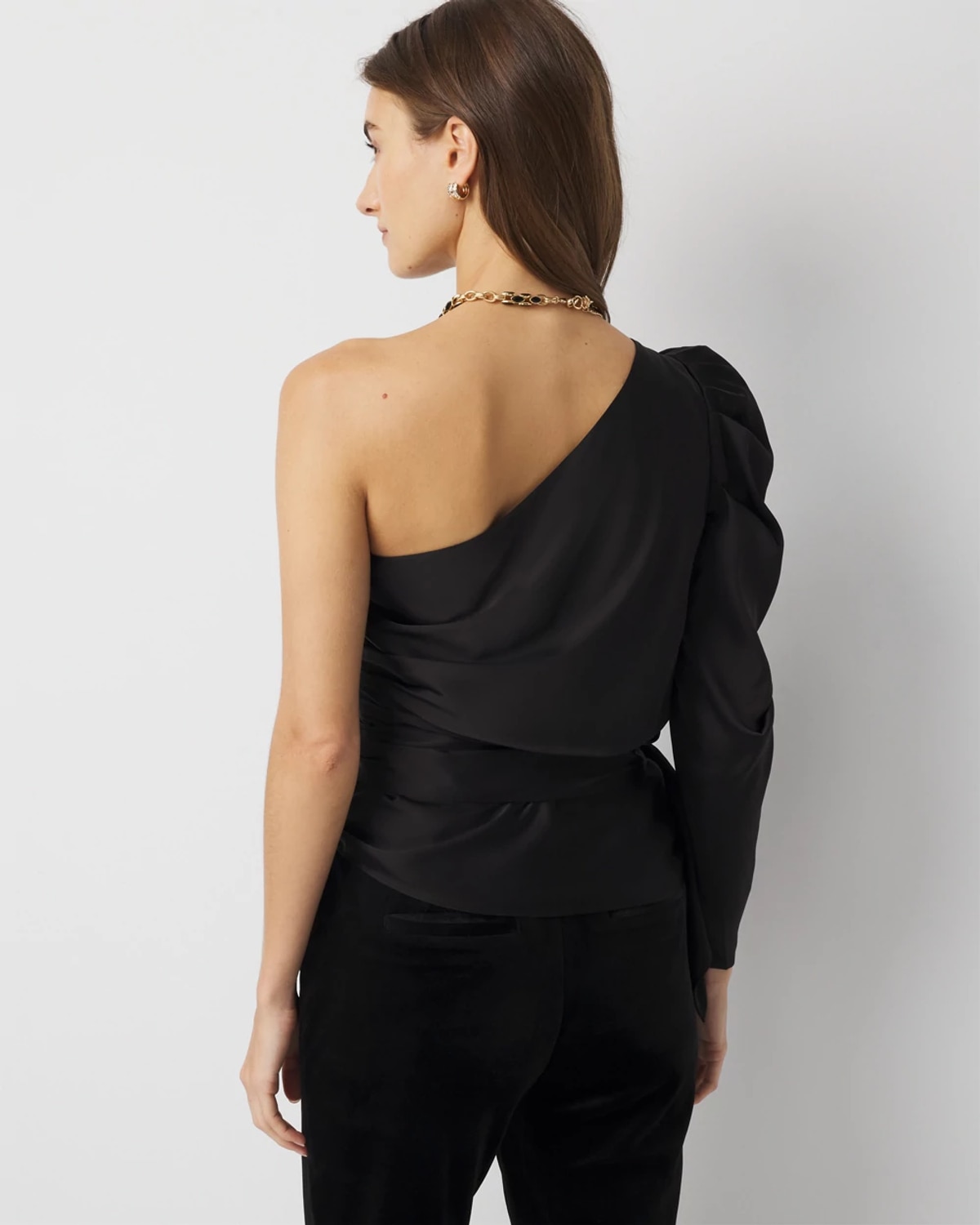White House Black Market One-shoulder Tie-waist Satin Blouse In Black