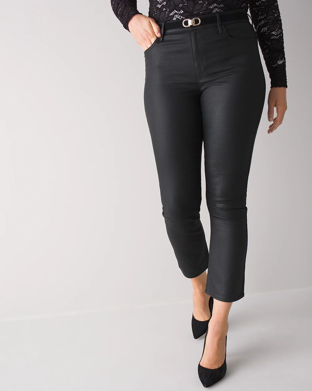 Curvy-Fit High-Rise Coated Bootcut Crop Jeans click to view larger image.