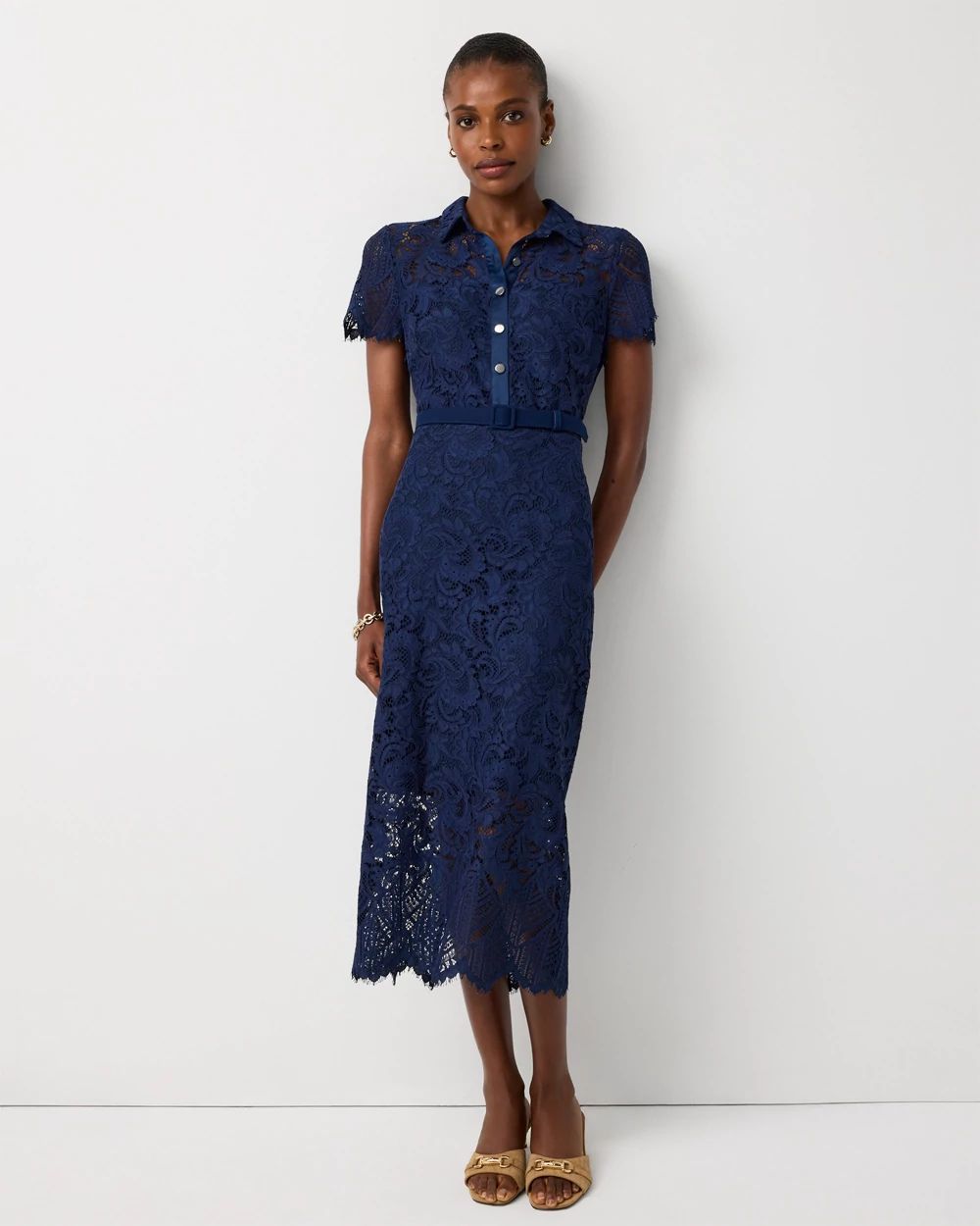 Button-Front Lace Midi Dress