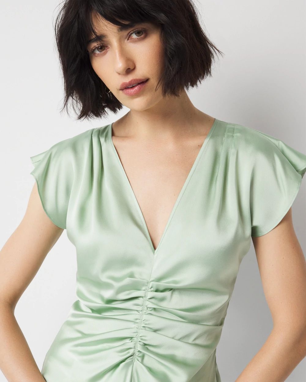 Ruched Front Flutter Sleeve Shell Top